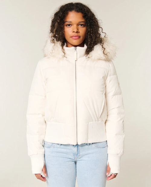 Blythe Puffer Jacket for Women - Cropped Hooded Zip-Up - White - front