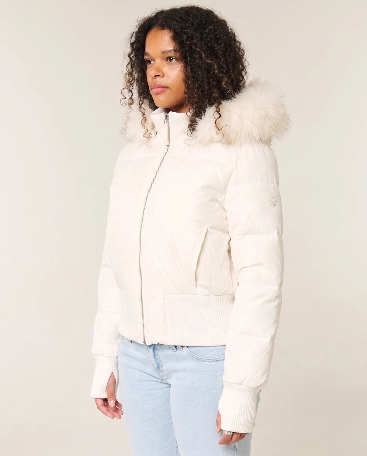 Blythe Puffer Jacket for Women - Cropped Hooded Zip-Up - White - side