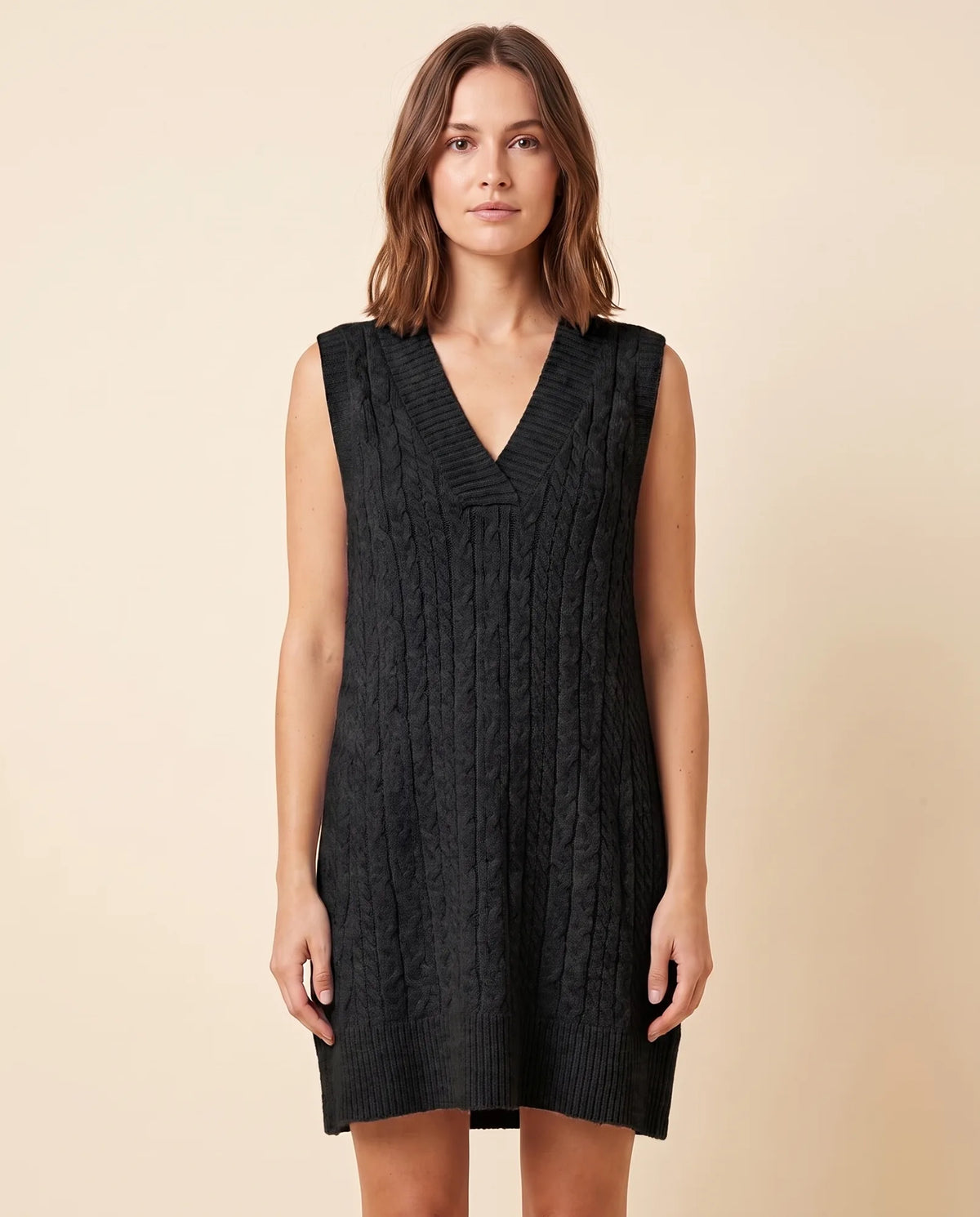 Bryn Sweater Dress for Women - Cable Knit V-Neck Sleeveless Mini - Black - front