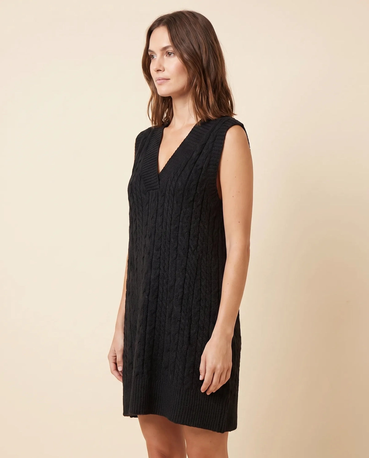 Bryn Sweater Dress for Women - Cable Knit V-Neck Sleeveless Mini - Black - side