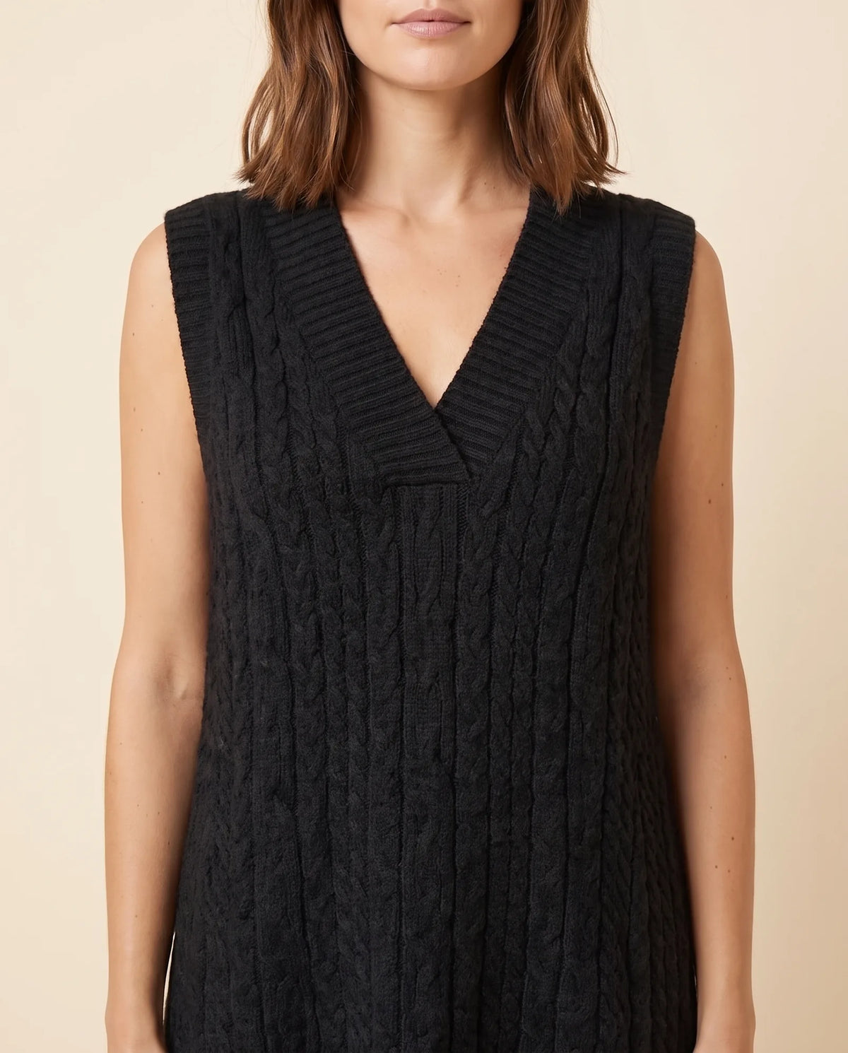 Bryn Sweater Dress for Women - Cable Knit V-Neck Sleeveless Mini - Black - detail