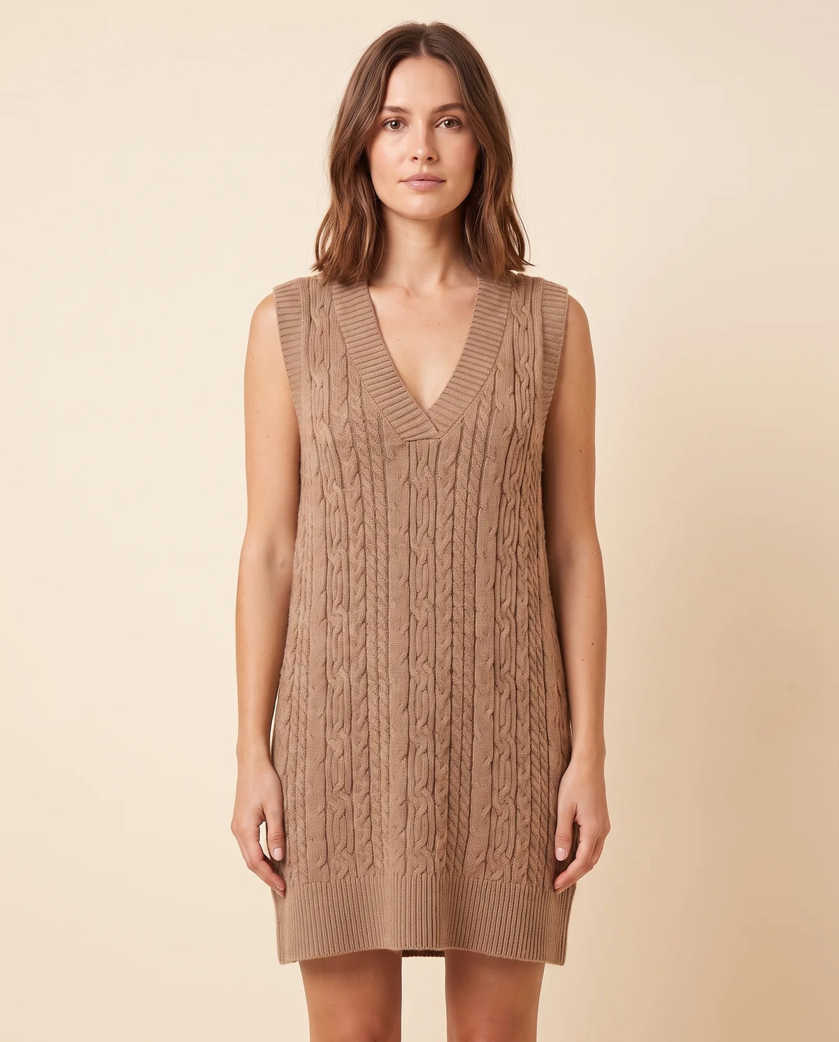 Bryn Sweater Dress for Women - Cable Knit V-Neck Sleeveless Mini - Camel - front