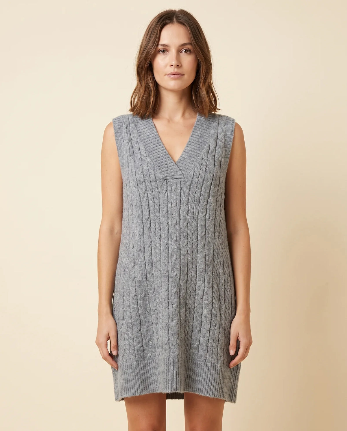 Bryn Sweater Dress for Women - Cable Knit V-Neck Sleeveless Mini - Grey - front