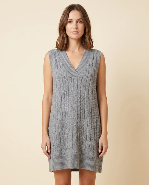 Bryn Sweater Dress for Women - Cable Knit V-Neck Sleeveless Mini - Grey - front