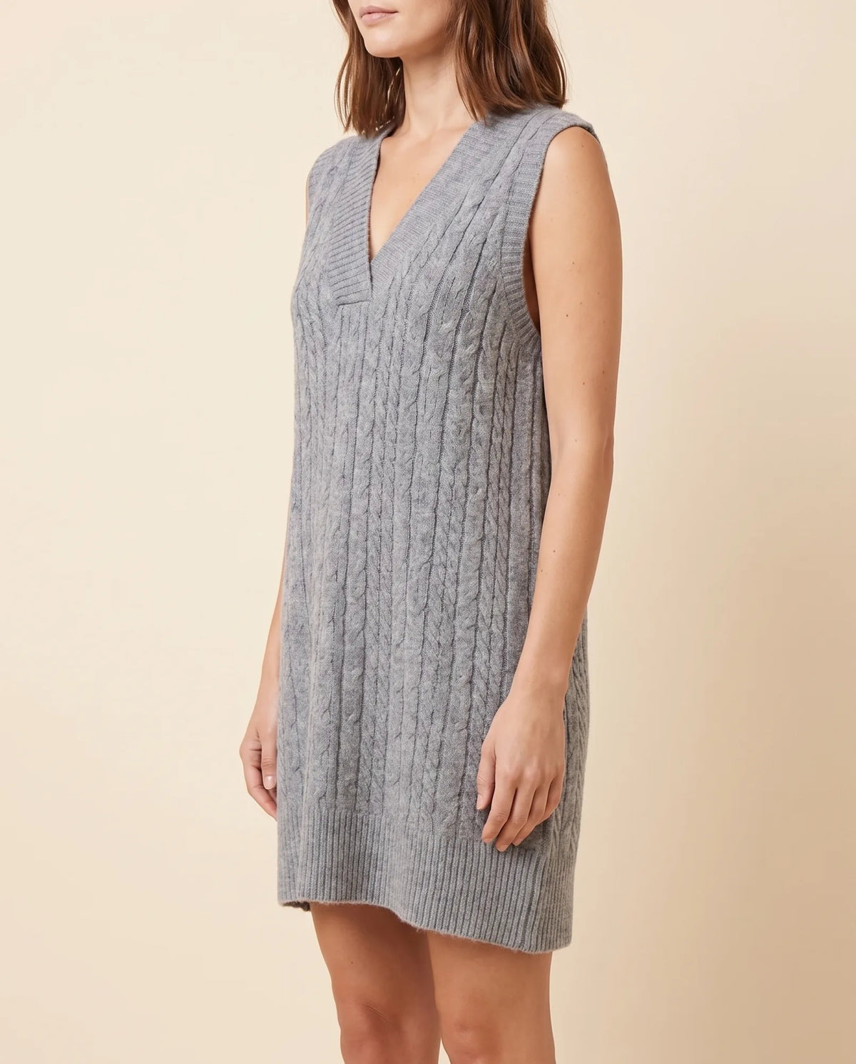 Bryn Sweater Dress for Women - Cable Knit V-Neck Sleeveless Mini - Grey - side