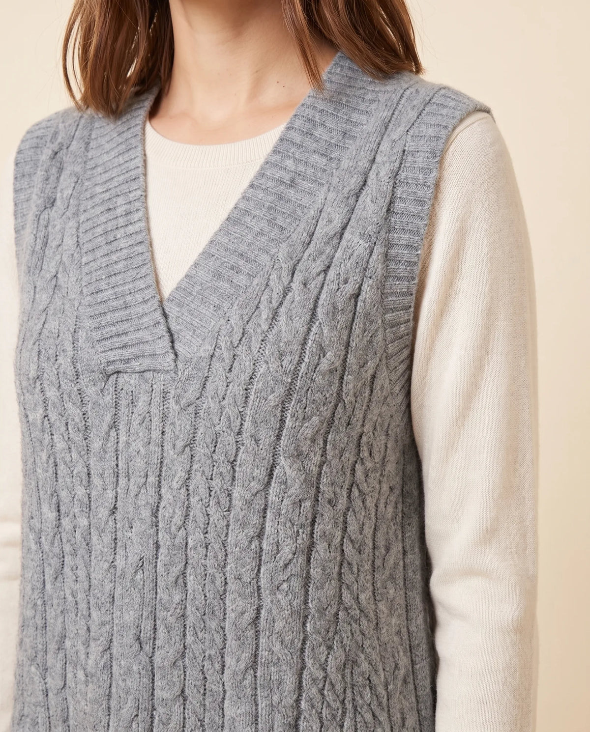 Bryn Sweater Dress for Women - Cable Knit V-Neck Sleeveless Mini - Grey - detail