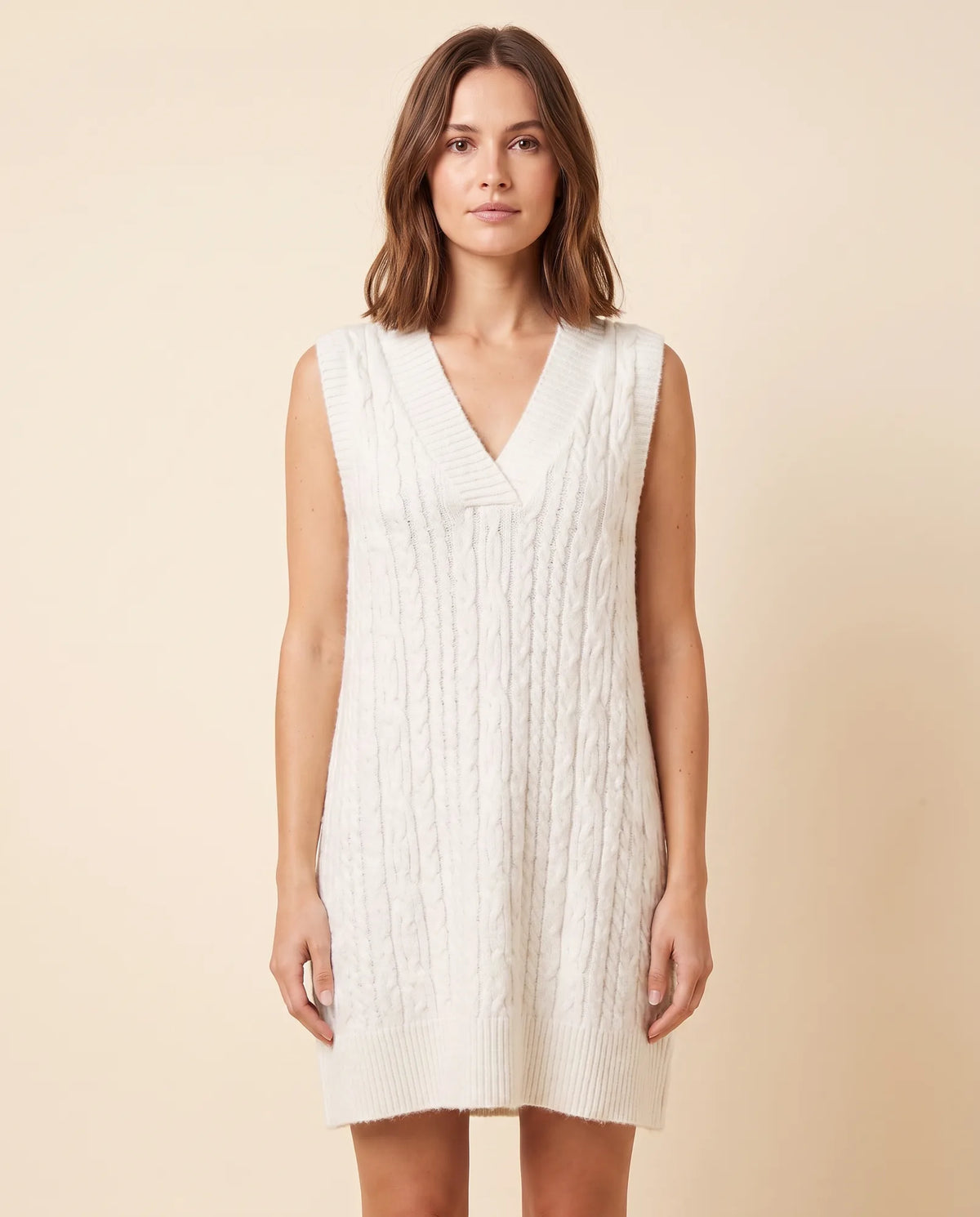 Bryn Sweater Dress for Women - Cable Knit V-Neck Sleeveless Mini - White - front
