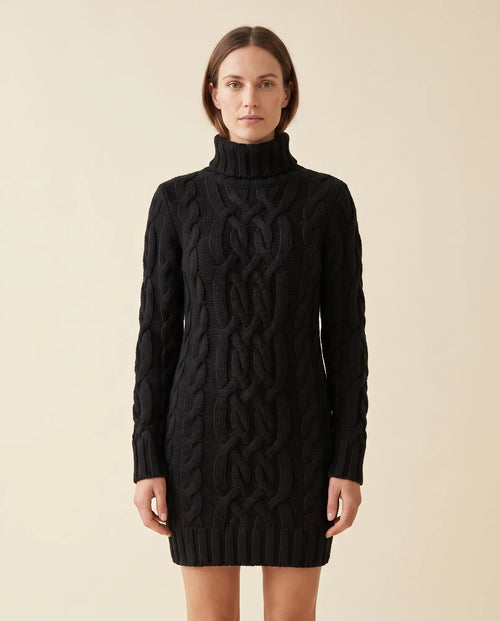 Cecily Sweater Dress for Women - Cable Knit Turtleneck Long Sleeve - Black - front