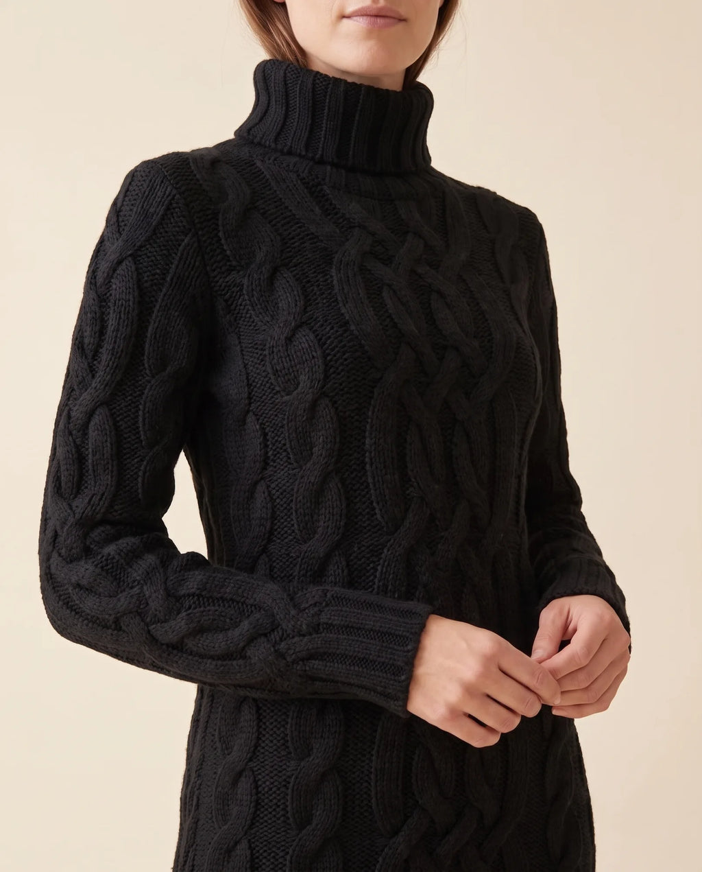 Cecily Sweater Dress for Women - Cable Knit Turtleneck Long Sleeve - Black - detail