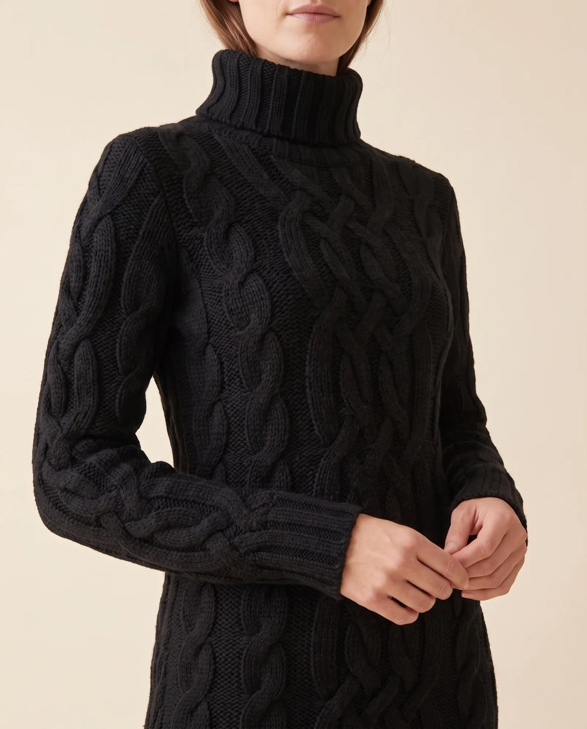 Cecily Sweater Dress for Women - Cable Knit Turtleneck Long Sleeve - Black - detail