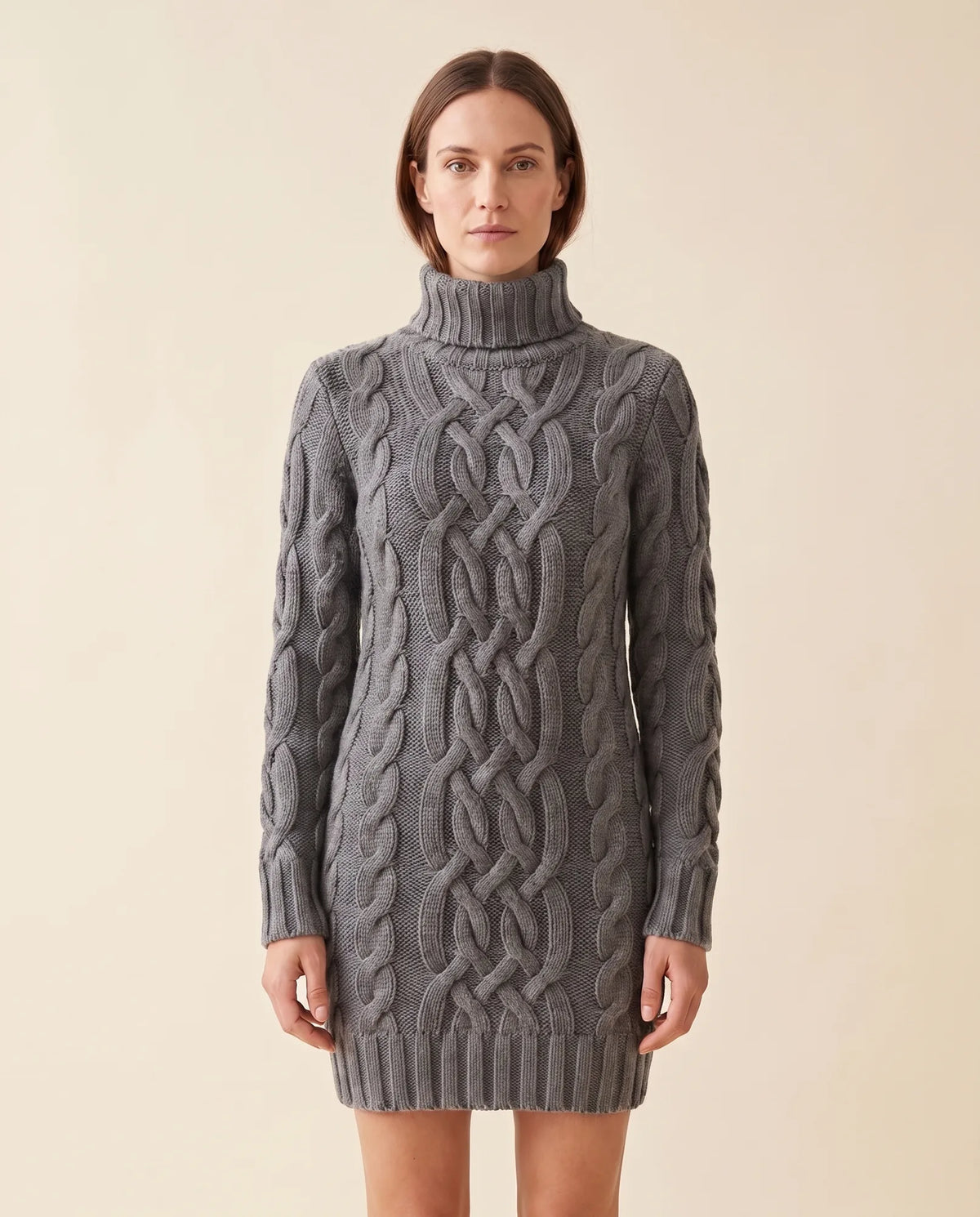 Cecily Sweater Dress for Women - Cable Knit Turtleneck Long Sleeve - Grey - front