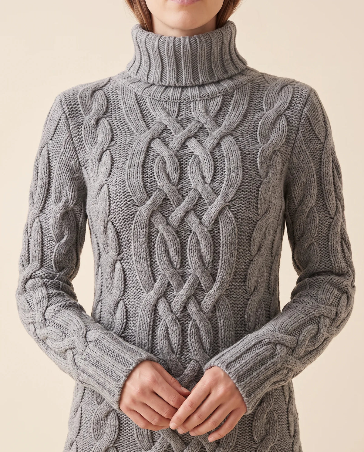 Cecily Sweater Dress for Women - Cable Knit Turtleneck Long Sleeve - Grey - detail