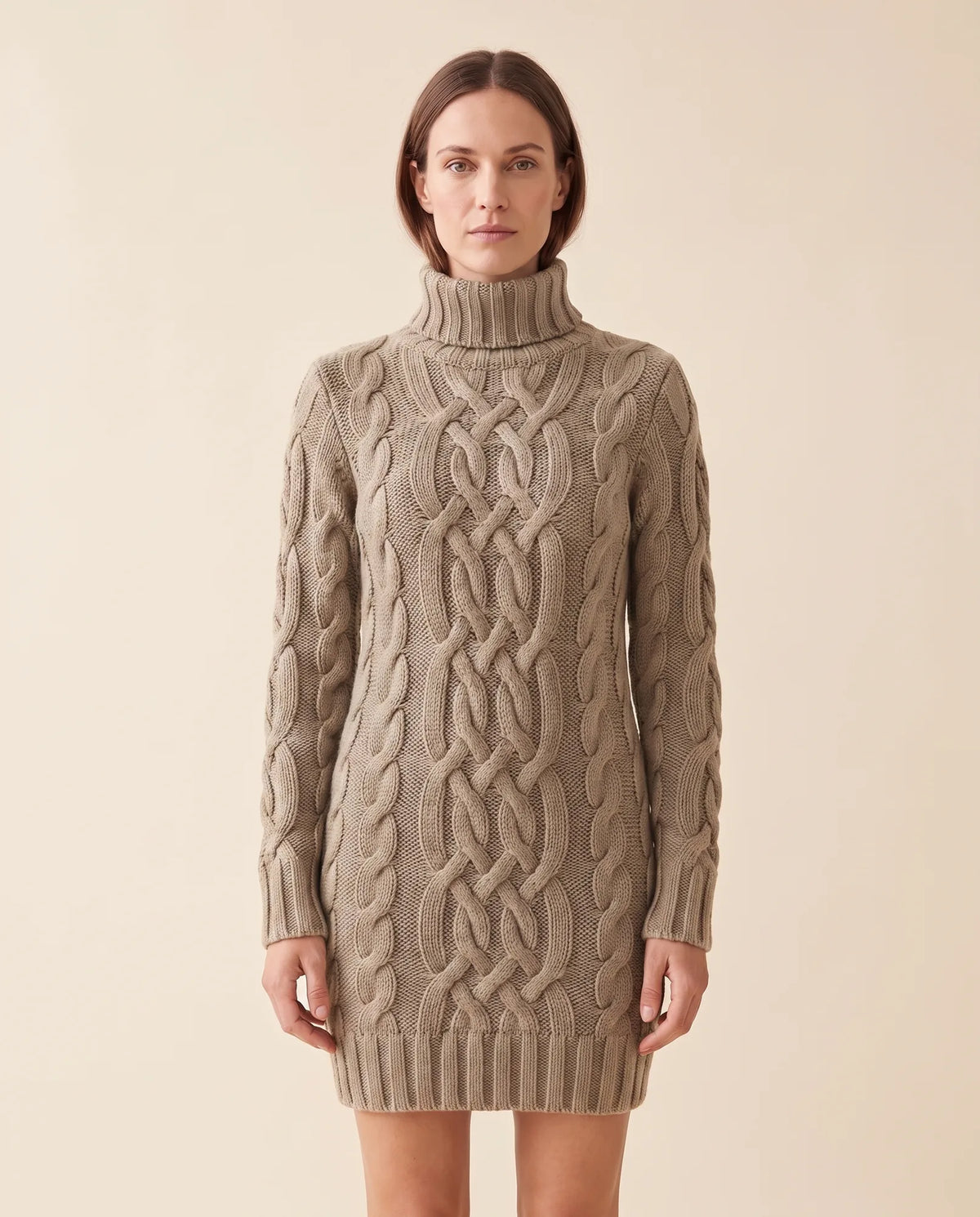 Cecily Sweater Dress for Women - Cable Knit Turtleneck Long Sleeve - Khaki - front