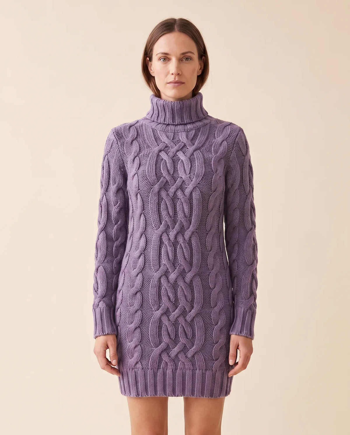 Cecily Sweater Dress for Women - Cable Knit Turtleneck Long Sleeve - Purple - front