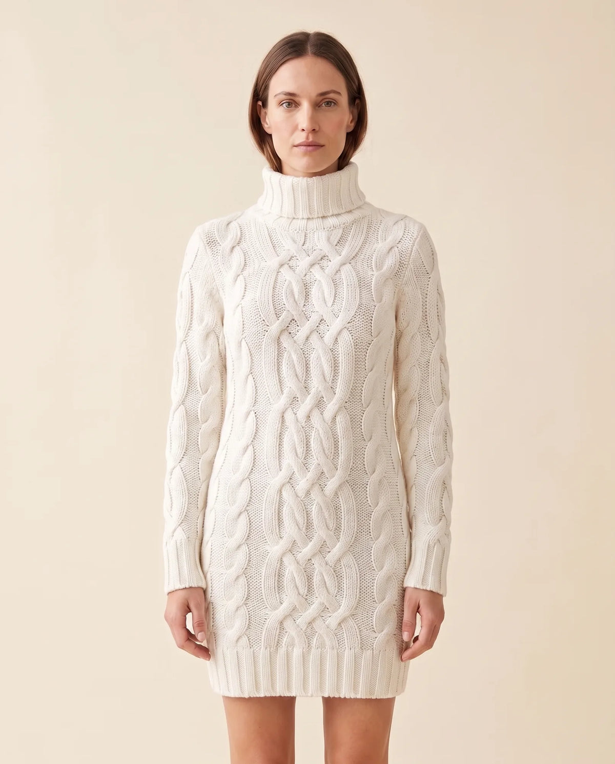 Cecily Sweater Dress for Women - Cable Knit Turtleneck Long Sleeve - White - front