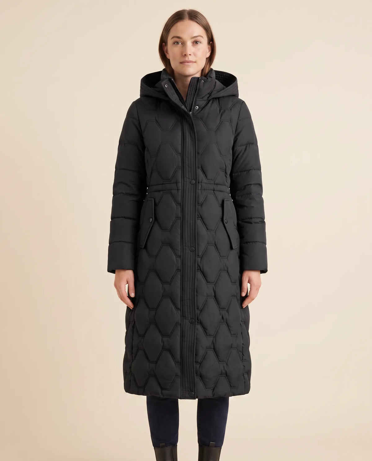 Cora Puffer Coat for Women - Longline Hooded Quilted - Black - front