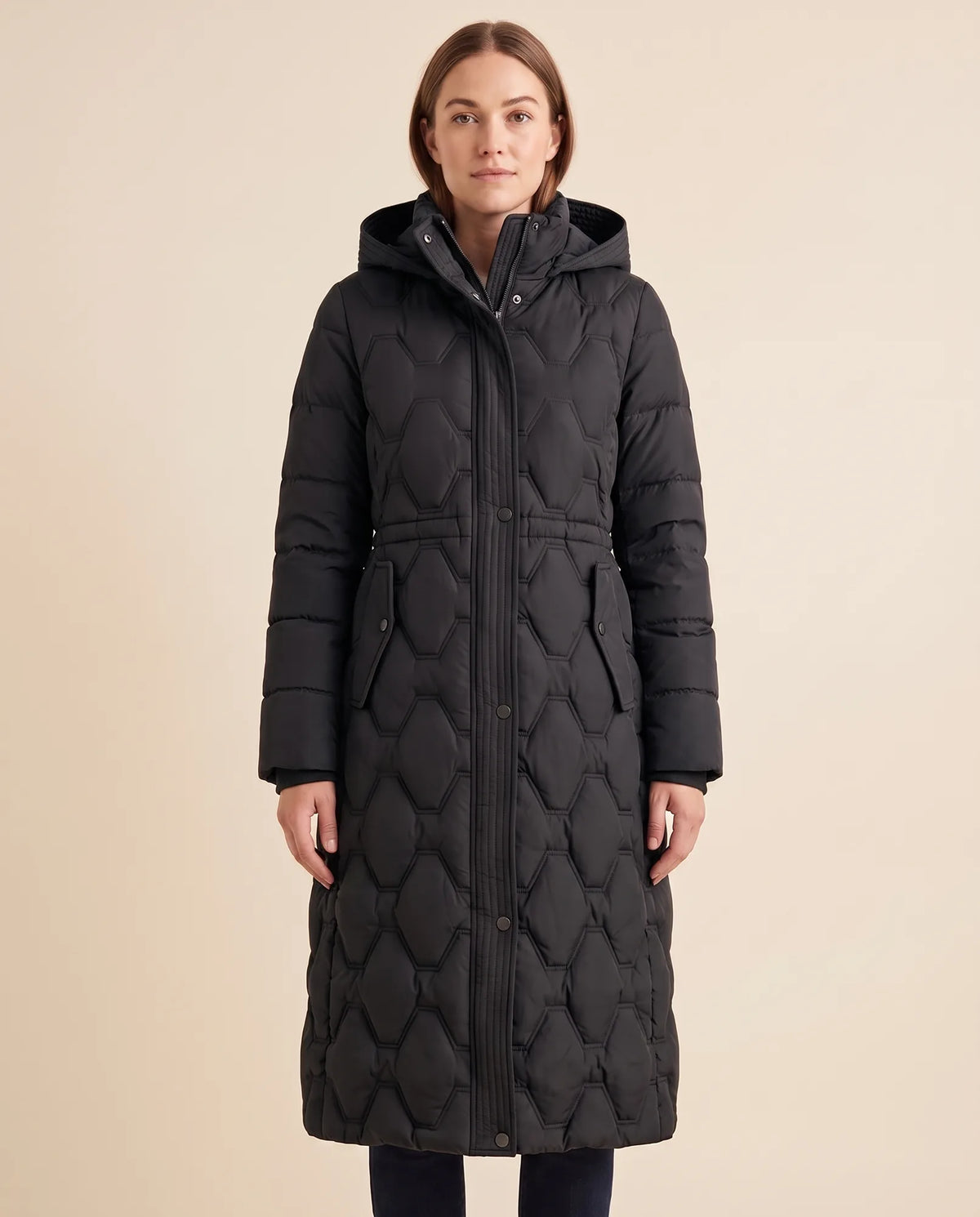Cora Puffer Coat for Women - Longline Hooded Quilted - Black - side
