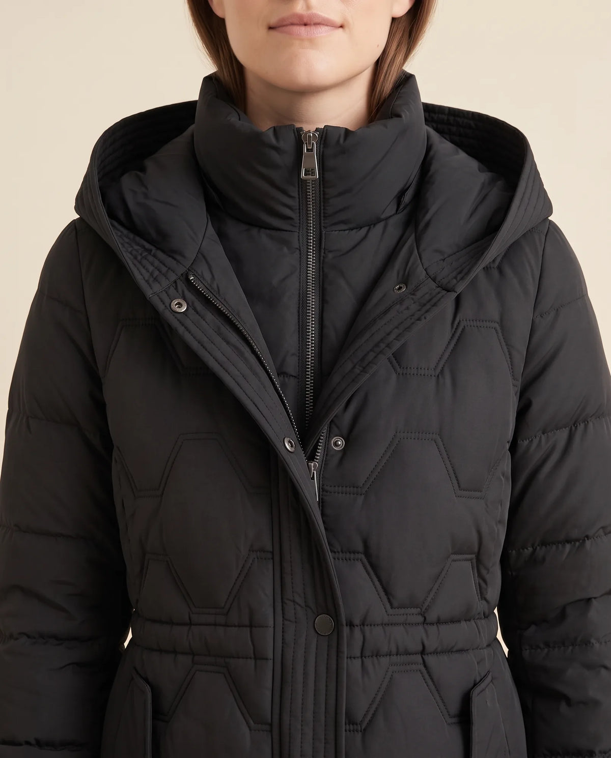 Cora Puffer Coat for Women - Longline Hooded Quilted - Black - detail