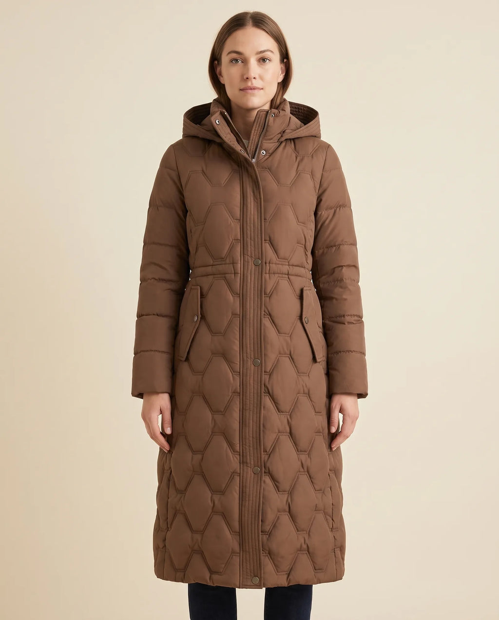 Cora Puffer Coat for Women - Longline Hooded Quilted - Brown - front
