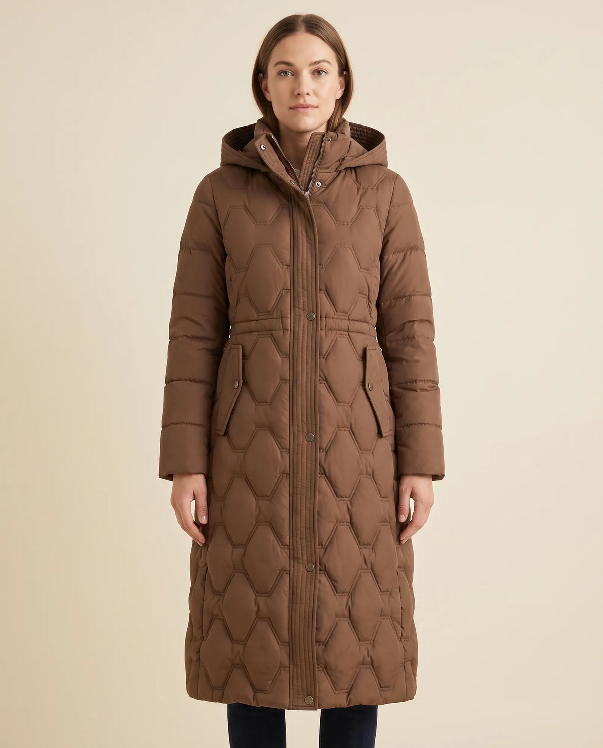 Cora Puffer Coat for Women - Longline Hooded Quilted - Brown - front