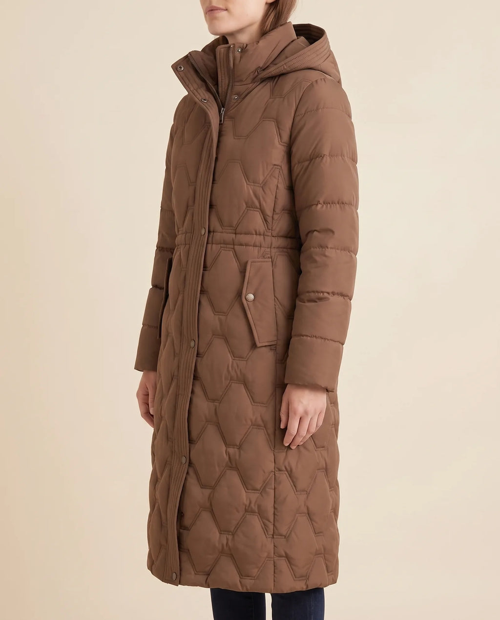 Cora Puffer Coat for Women - Longline Hooded Quilted - Brown - side