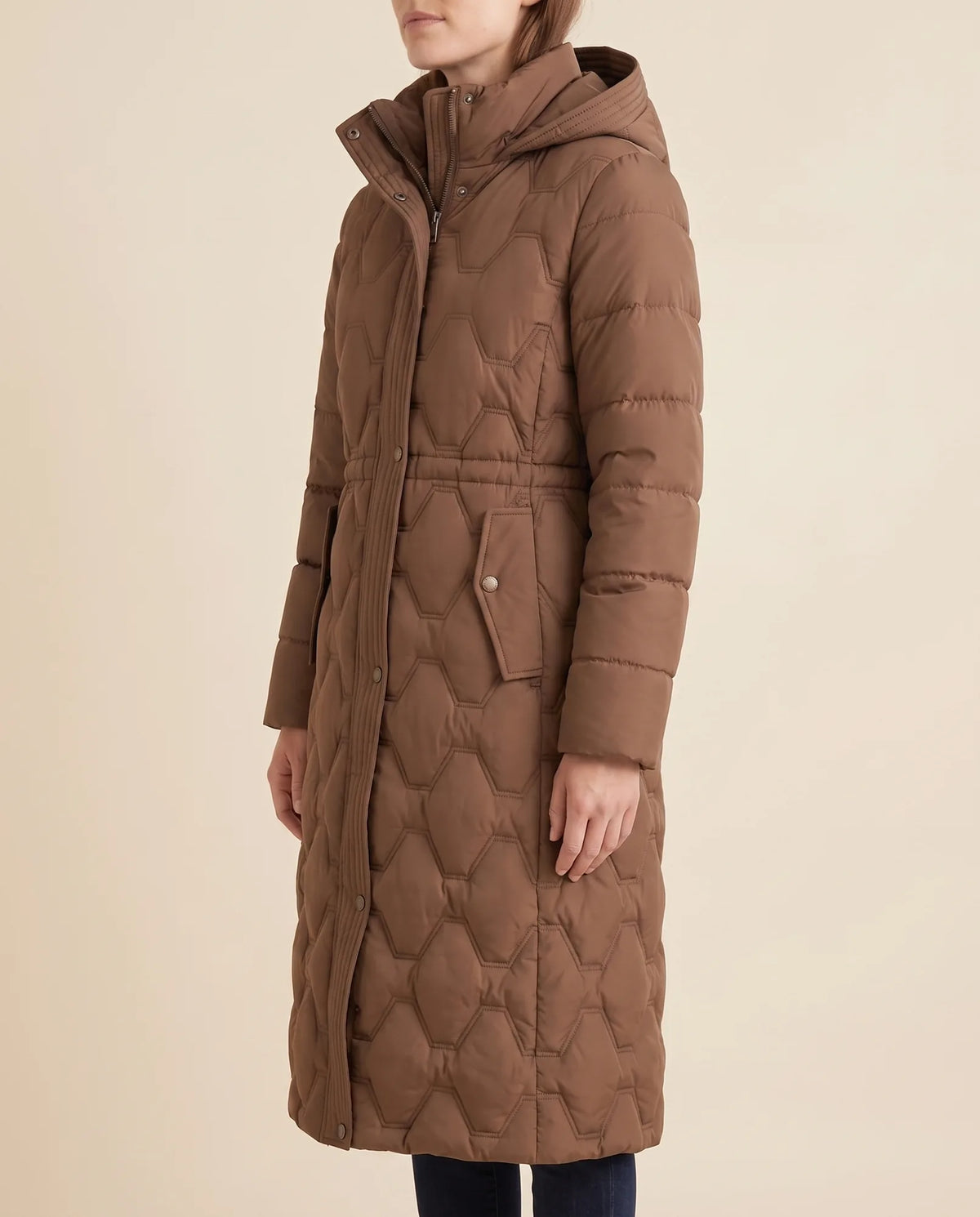 Cora Puffer Coat for Women - Longline Hooded Quilted - Brown - side