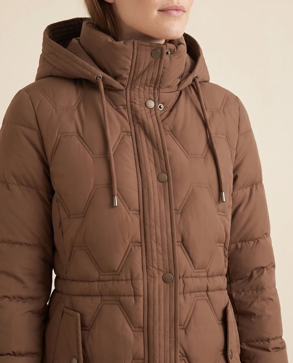 Cora Puffer Coat for Women - Longline Hooded Quilted - Brown - detail