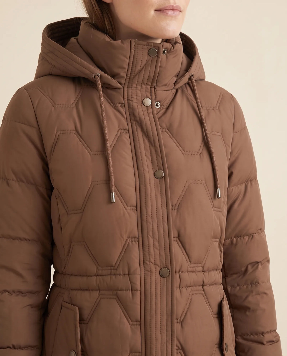 Cora Puffer Coat for Women - Longline Hooded Quilted - Brown - detail