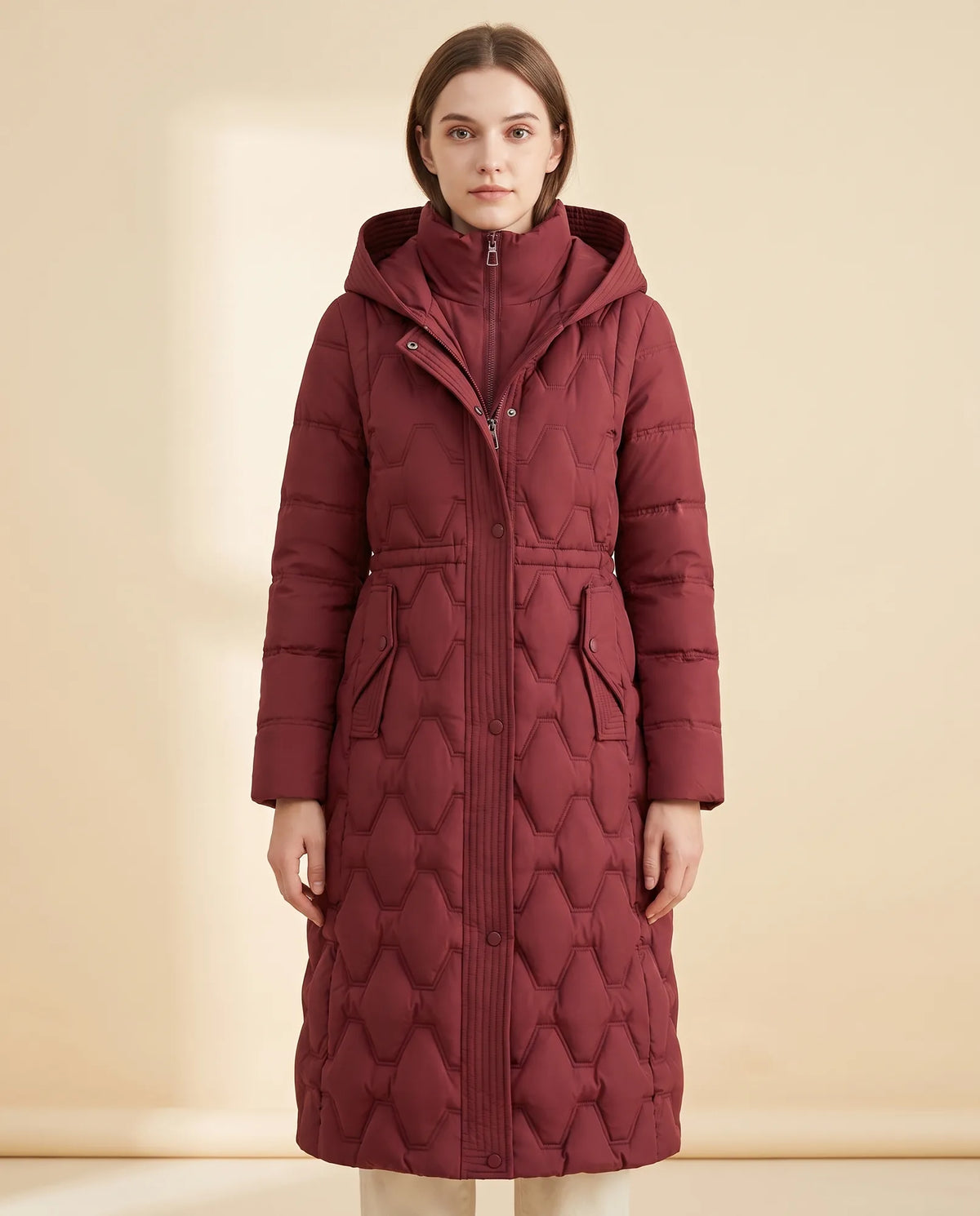 Cora Puffer Coat for Women - Longline Hooded Quilted - Red - front