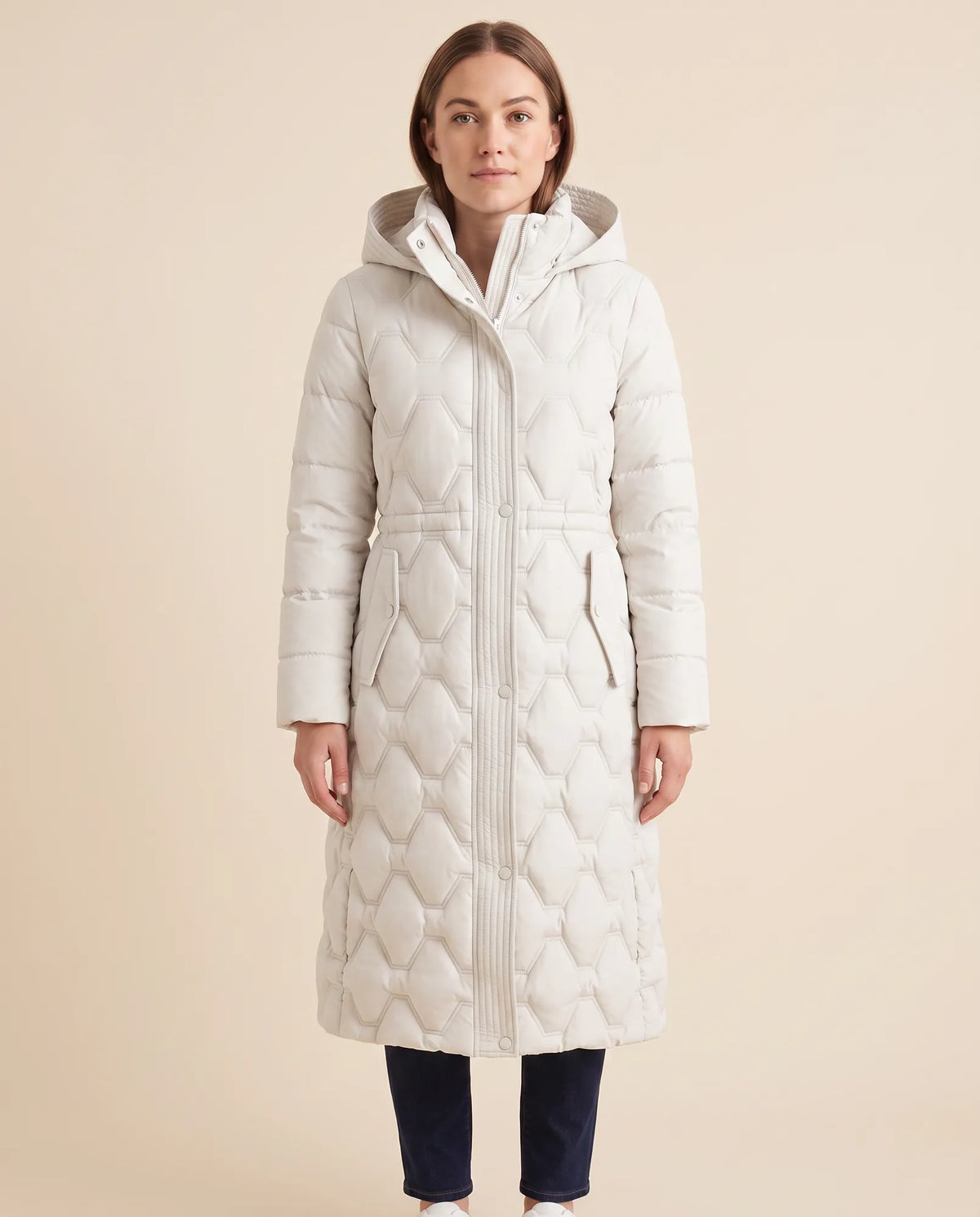 Cora Puffer Coat for Women - Longline Hooded Quilted - White - front
