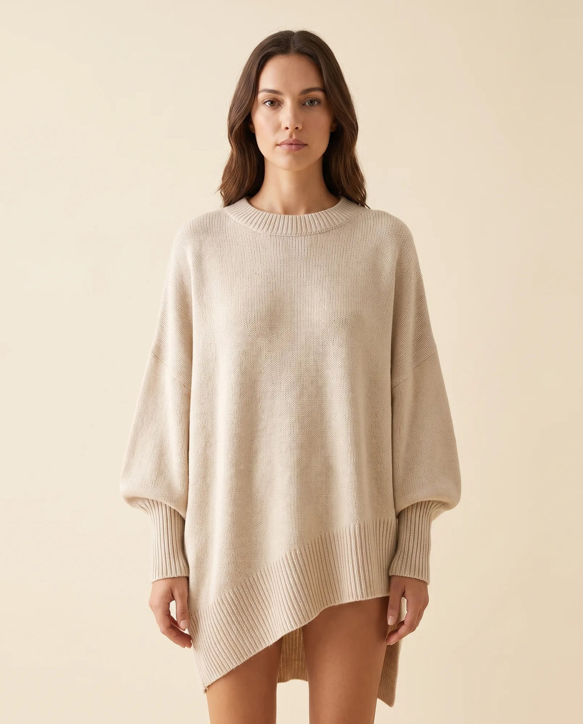 Daphne Sweater for Women - Oversized Asymmetric Hem Crew Neck - Beige - front