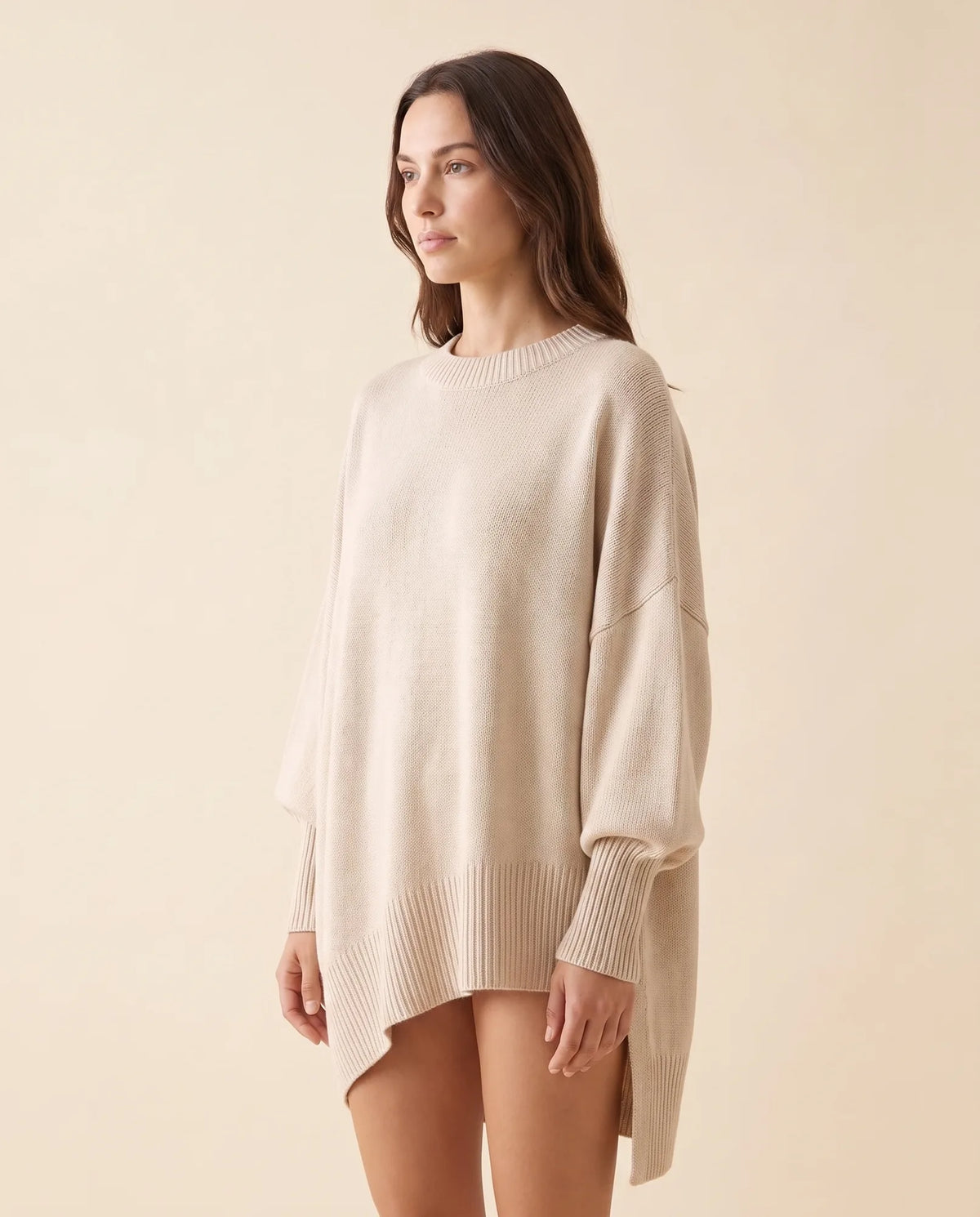 Daphne Sweater for Women - Oversized Asymmetric Hem Crew Neck - Beige - side