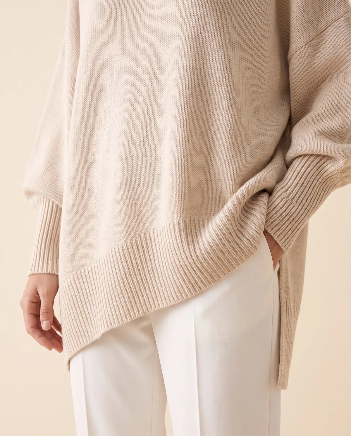Daphne Sweater for Women - Oversized Asymmetric Hem Crew Neck - Beige - detail