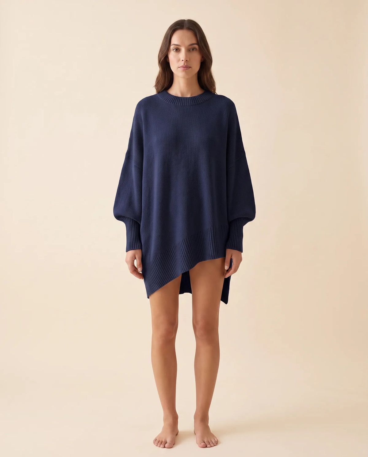 Daphne Sweater for Women - Oversized Asymmetric Hem Crew Neck - Navy - front