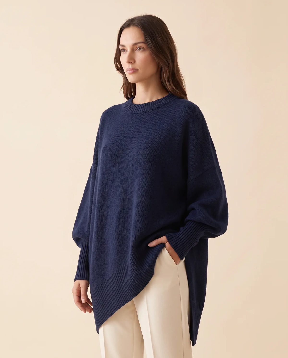 Daphne Sweater for Women - Oversized Asymmetric Hem Crew Neck - Navy - side