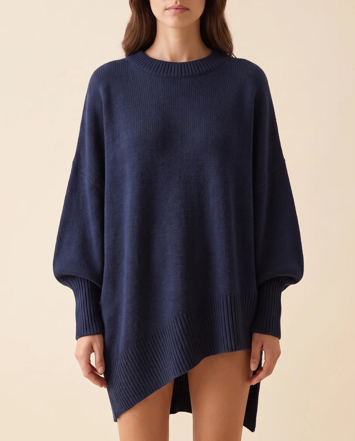 Daphne Sweater for Women - Oversized Asymmetric Hem Crew Neck - Navy - detail