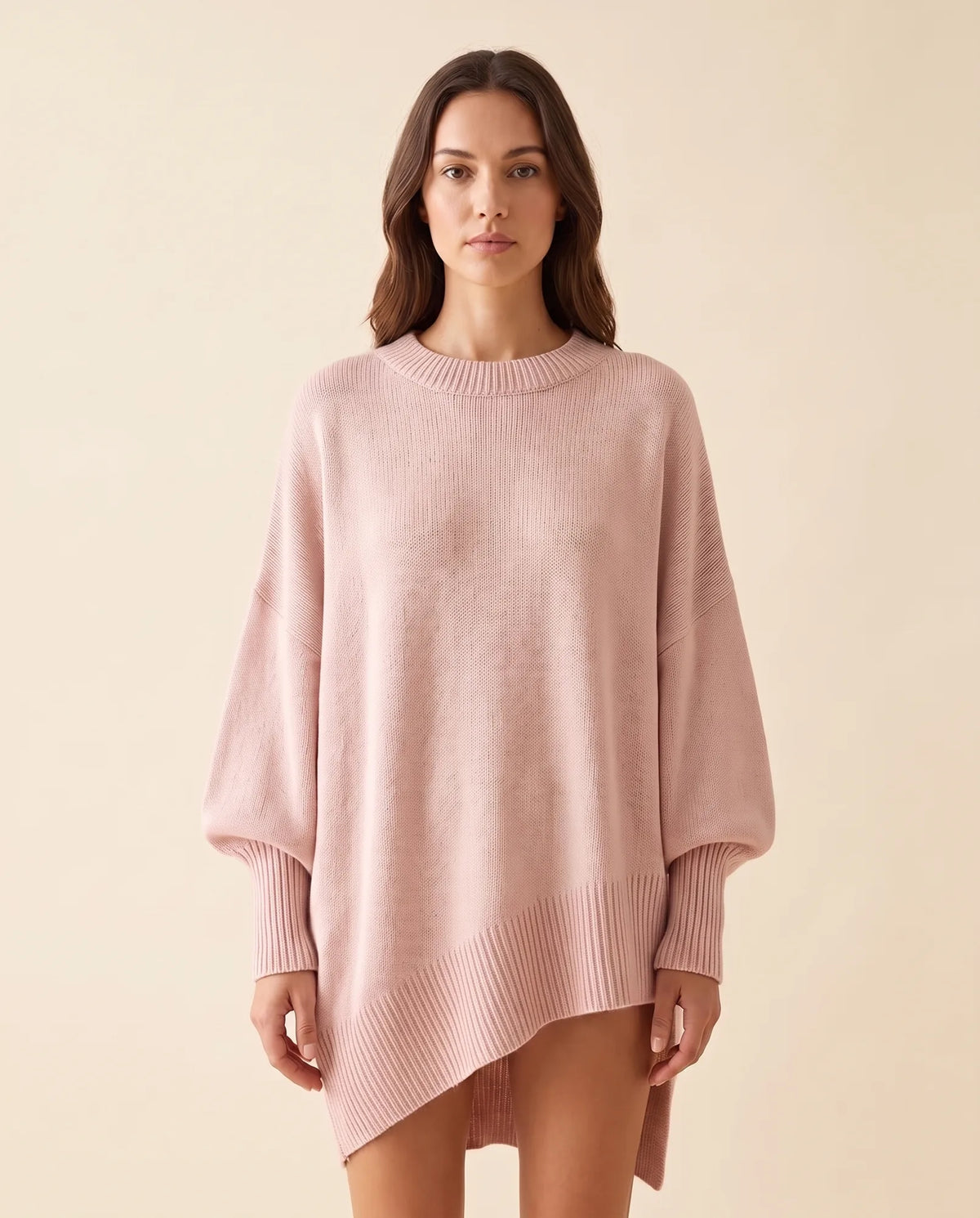 Daphne Sweater for Women - Oversized Asymmetric Hem Crew Neck - Pink - front
