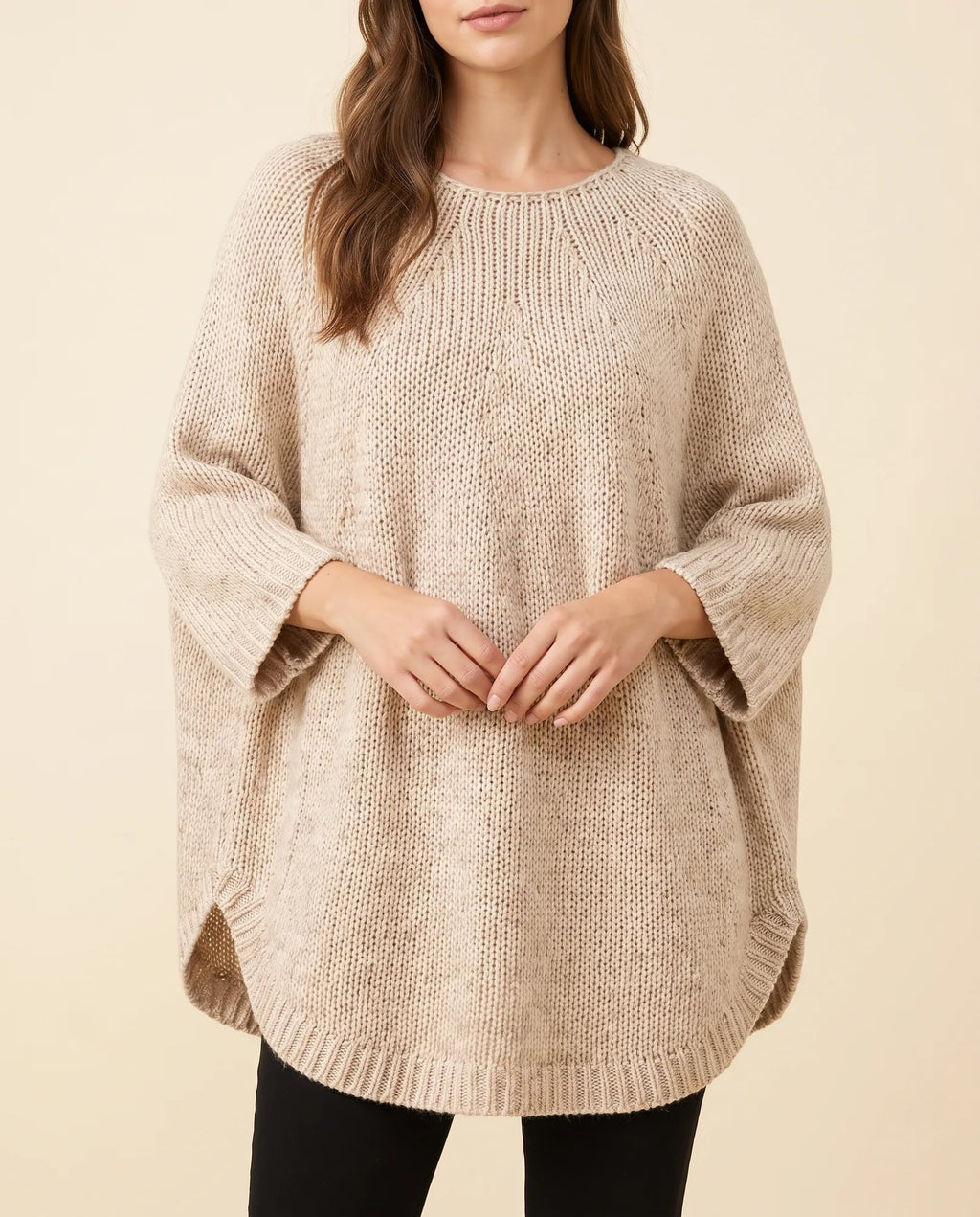 Eloise Sweater for Women - Oversized Poncho-Style Curved Hem Round Neck - Beige - front
