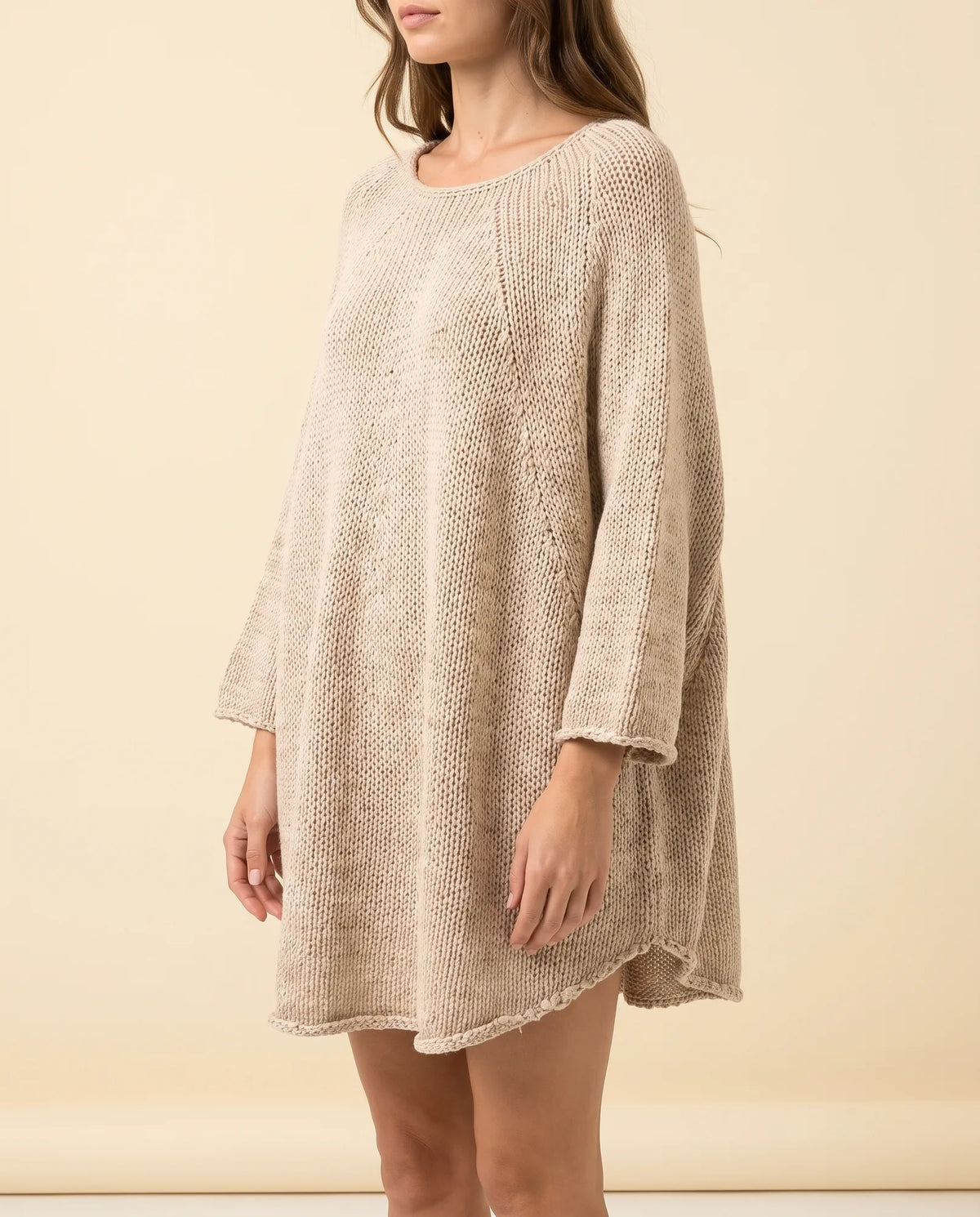 Eloise Sweater for Women - Oversized Poncho-Style Curved Hem Round Neck - Beige - side
