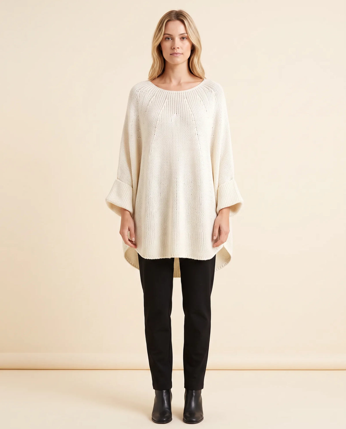 Eloise Sweater for Women - Oversized Poncho-Style Curved Hem Round Neck - Cream - front