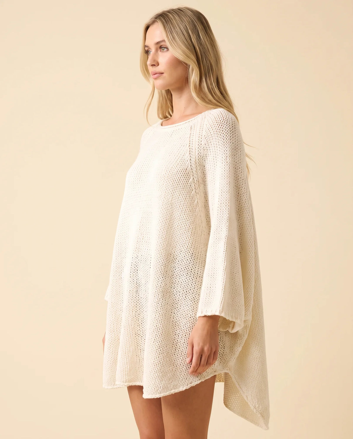 Eloise Sweater for Women - Oversized Poncho-Style Curved Hem Round Neck - Cream - side