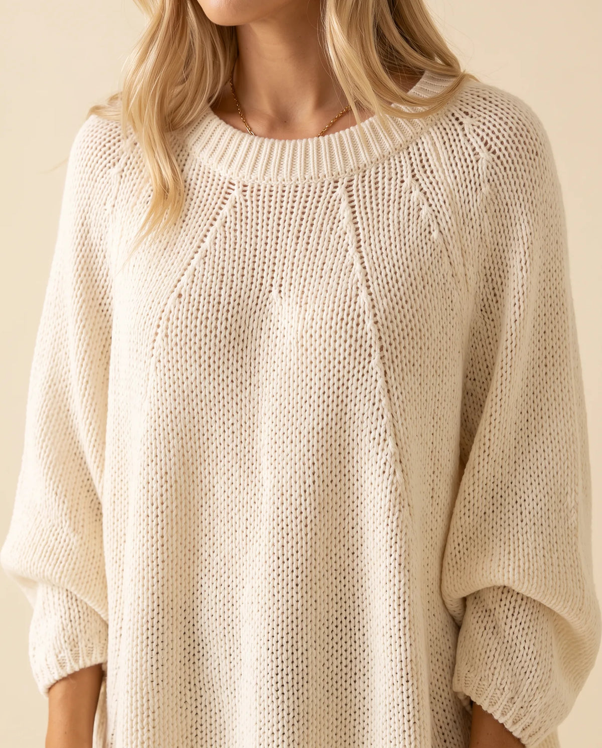 Eloise Sweater for Women - Oversized Poncho-Style Curved Hem Round Neck - Cream - detail