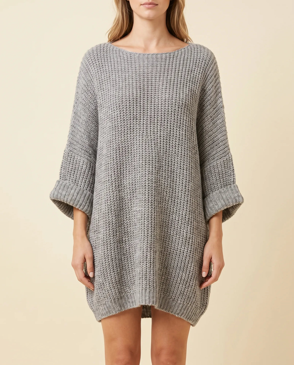 Eloise Sweater for Women - Oversized Poncho-Style Curved Hem Round Neck - Grey - front