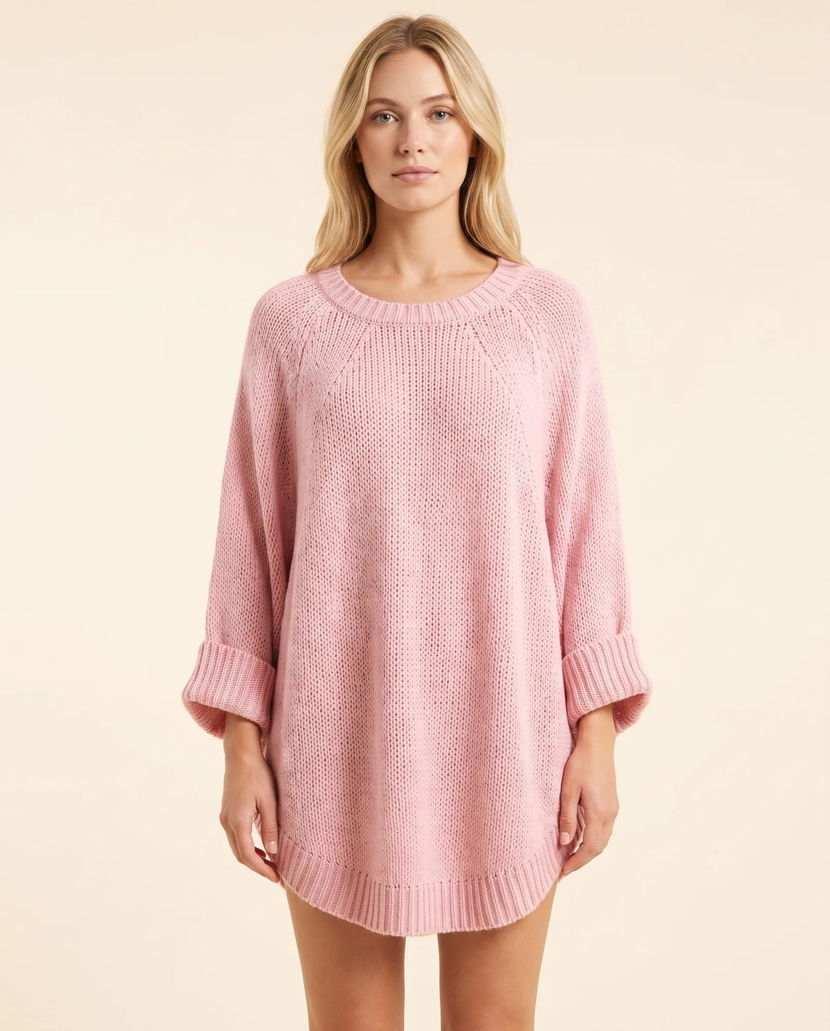 Eloise Sweater for Women - Oversized Poncho-Style Curved Hem Round Neck - Pink - front