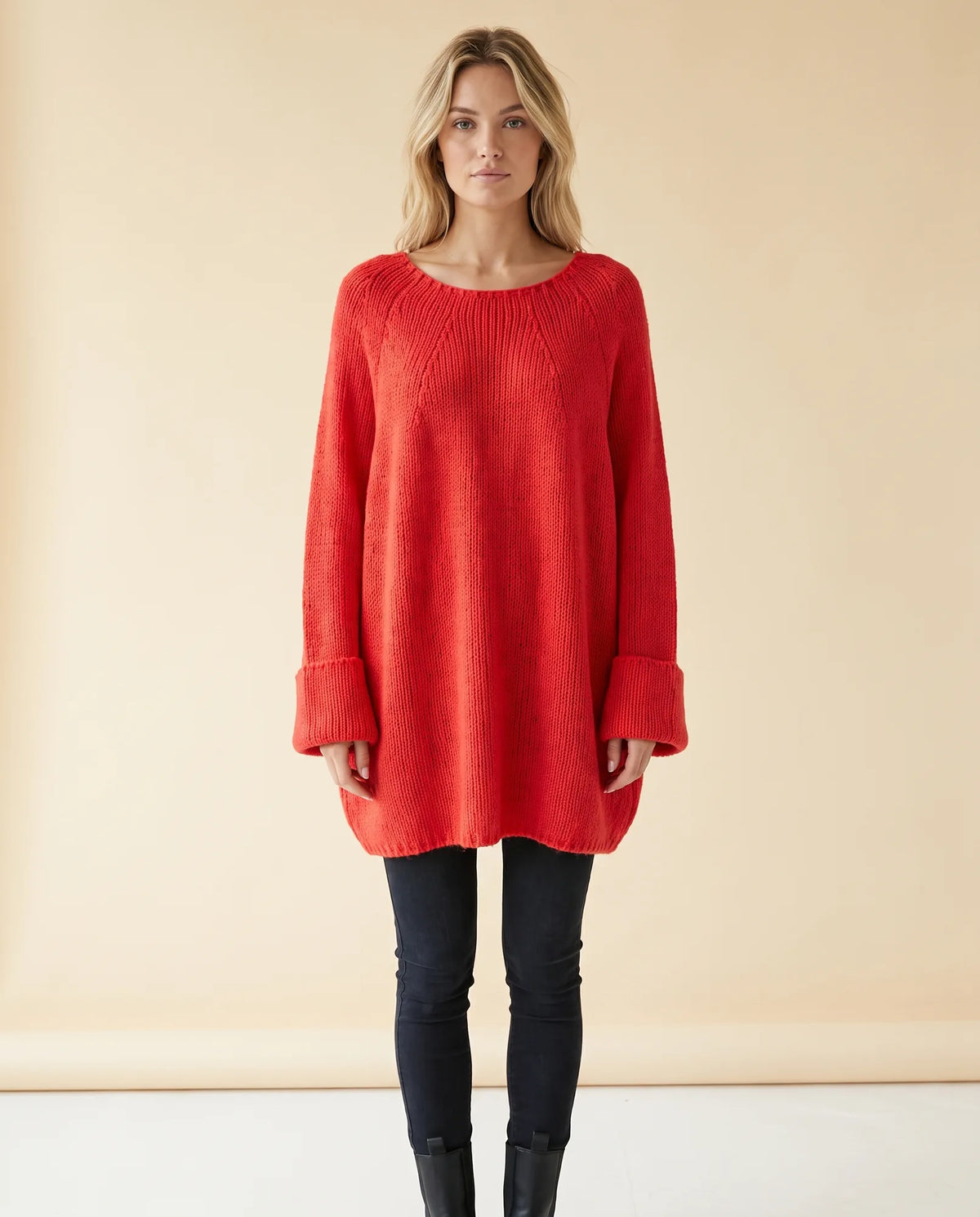 Eloise Sweater for Women - Oversized Poncho-Style Curved Hem Round Neck - Red - front
