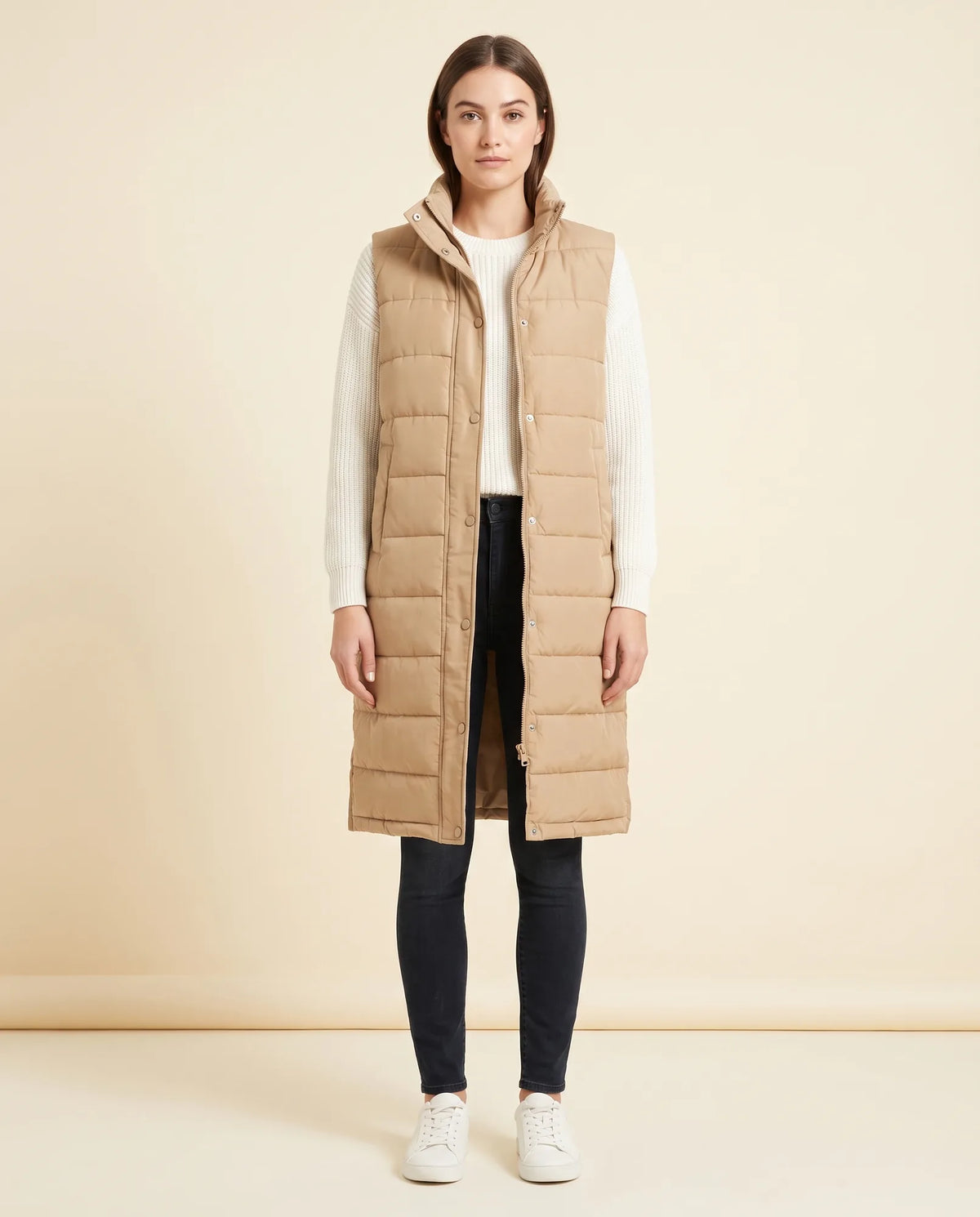 Esme Puffer Vest for Women - Longline Hooded Sleeveless - Beige - front