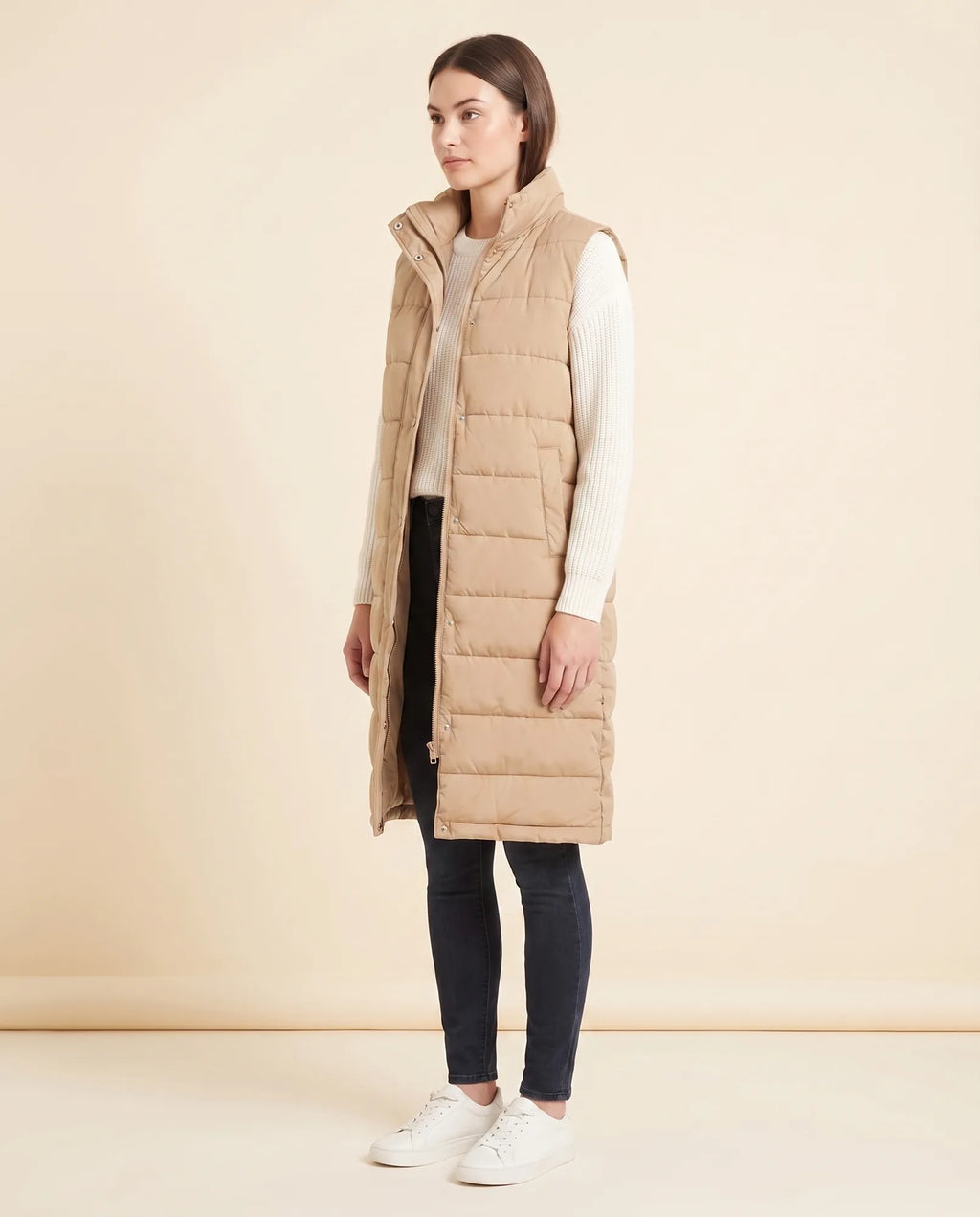 Esme Puffer Vest for Women - Longline Hooded Sleeveless - Beige - side