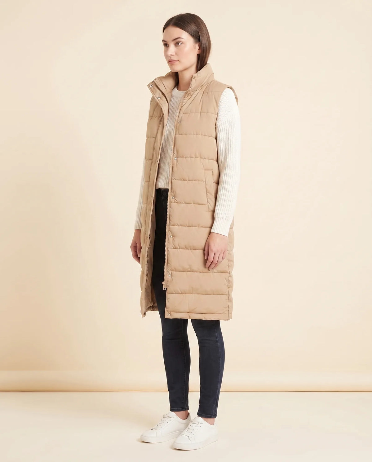 Esme Puffer Vest for Women - Longline Hooded Sleeveless - Beige - side