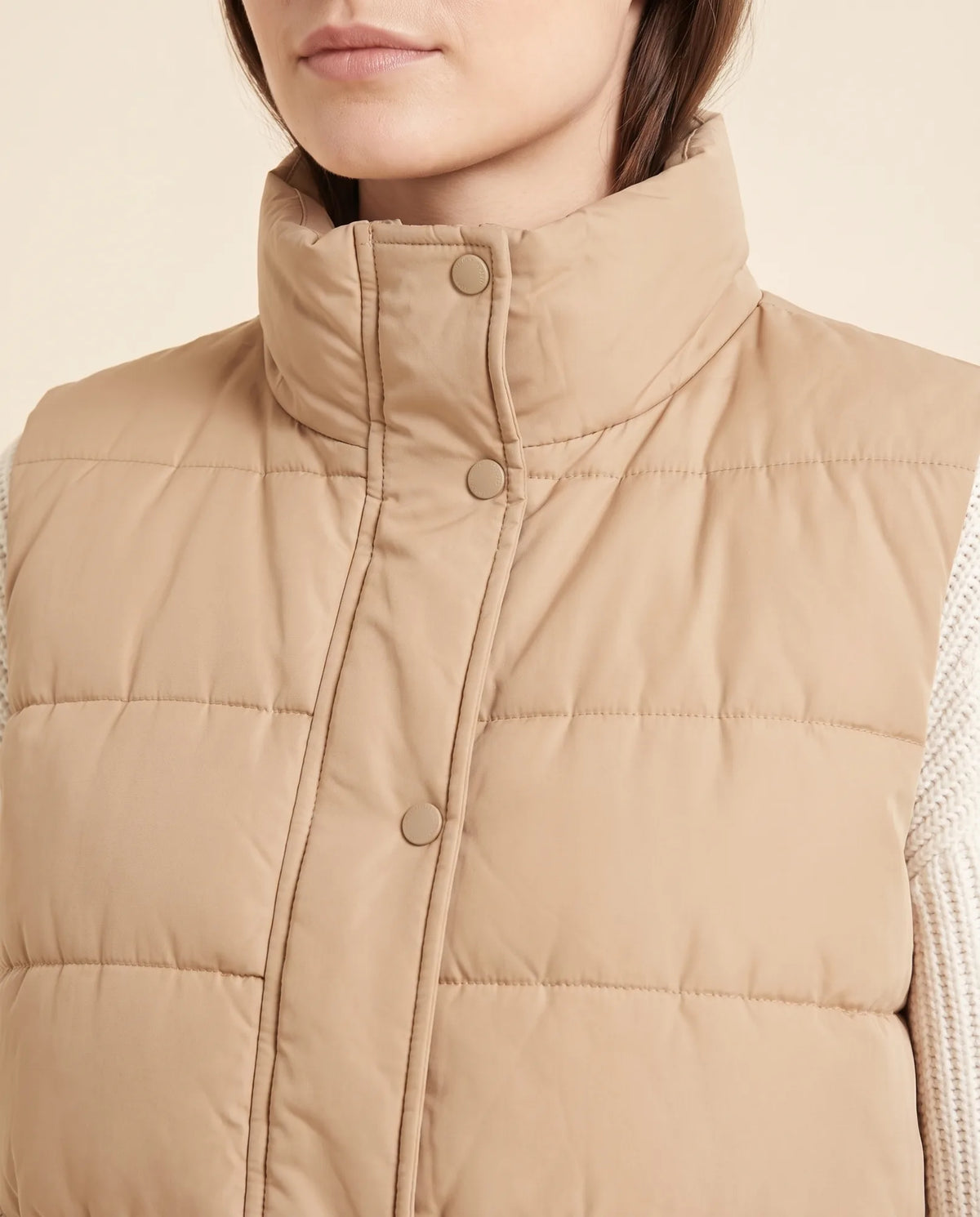 Esme Puffer Vest for Women - Longline Hooded Sleeveless - Beige - detail