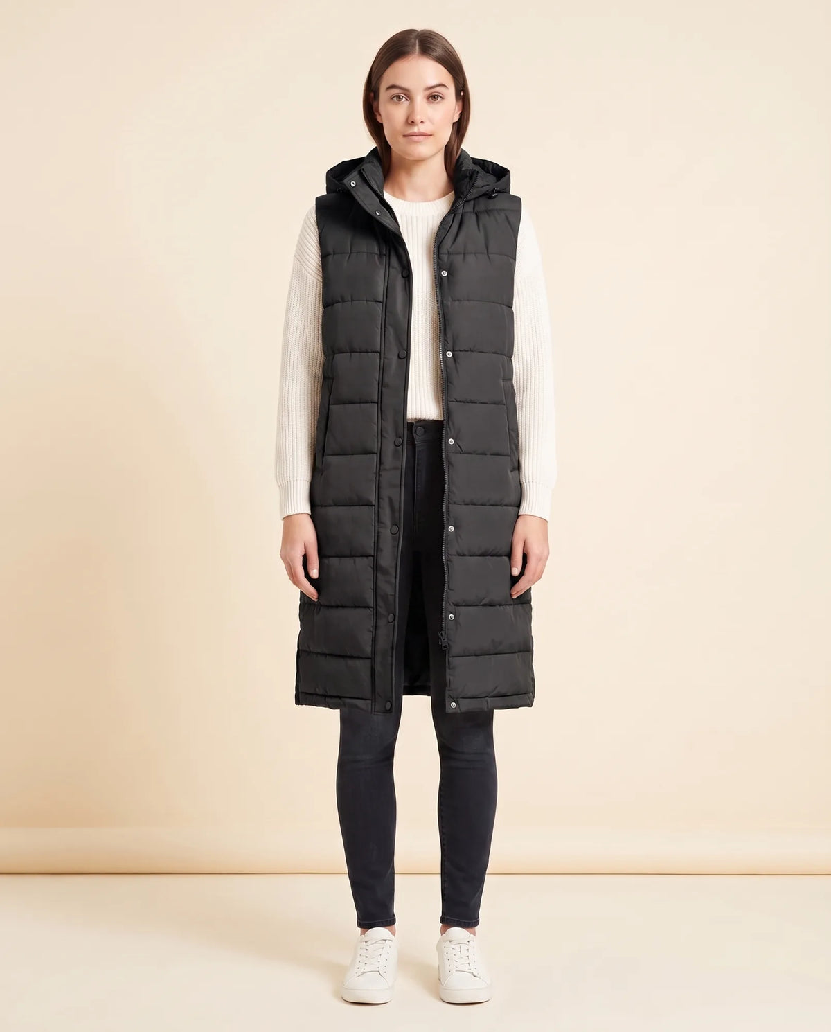 Esme Puffer Vest for Women - Longline Hooded Sleeveless - Black - front